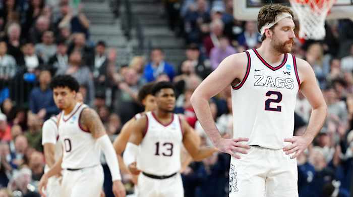 Gonzaga Bulldogs forward Drew Timme reacts during the second half against the Connecticut Huskies